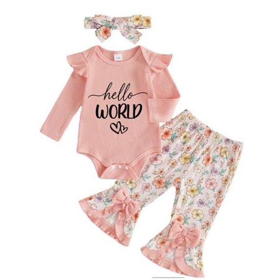 Cjfdfy Newborn Baby Girl Fall Outfit Hello World Romper Floral Flared Pants And Bow Headband 3Pcs Ribbed Knit Long Sleeve Little Sister Romper Infant Cute Fall Winter Clothes