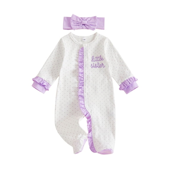 Cjfdfy Newborn Baby Girl Fall Outfit Little Sister Dot Print Ruffled Long Sleeve Button Footed Romper And Bow Headband Infant Coming Home Outfit Baby Cute Fall Winter Outfits