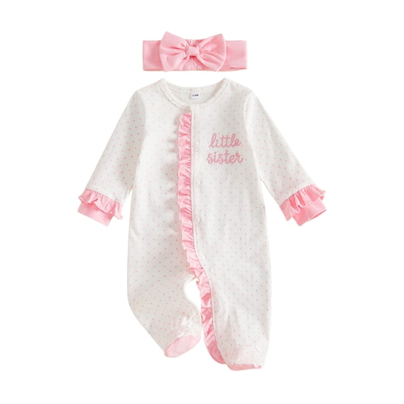 Cjfdfy Newborn Baby Girl Fall Outfit Little Sister Dot Print Ruffled Long Sleeve Button Footed Romper And Bow Headband Infant Coming Home Outfit Baby Cute Fall Winter Outfits