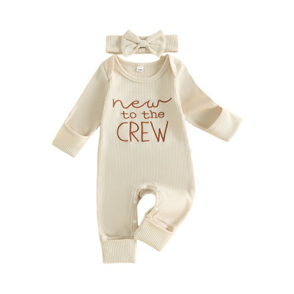 Cjfdfy Newborn Baby Girl Fall Outfit New To The Crew Romper Ribbed Waffle Knit Long Sleeve Bodysuit And Headband Set Preemie Cute Coming Home Fall Winter Outfit