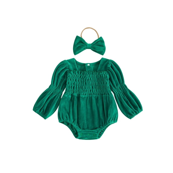 Cjfdfy Newborn Baby Girl Fall Outfit Solid Color Velvet Puff Long Sleeve Square Neck Bubble Romper and Headband Infant Cute Coming Home Fall Winter Outfit 0-12M