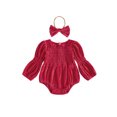 thumbnail image 1 of Cjfdfy Newborn Baby Girl Fall Outfit Solid Color Velvet Puff Long Sleeve Square Neck Bubble Romper and Headband Infant Cute Coming Home Fall Winter Outfit 0-12M, 1 of 9