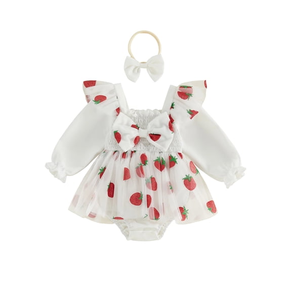Cjfdfy Newborn Baby Girl Fall Outfits Long Sleeve Strawberry Print Romper with Headband Set Cute Strawberry Print Outfit, Ruffle Bow Design, Mesh Tulle Dresses, Fall Winter Outfit for 0-18M