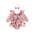 thumbnail image 1 of Cjfdfy Newborn Baby Girl Fall Outfits Long Sleeve Strawberry Print Romper with Headband Set Cute Strawberry  Print Outfit, Ruffle Bow Design, Mesh Tulle Dresses, Fall Winter Outfit for 0-18M, 1 of 9