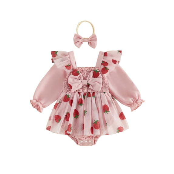 Cjfdfy Newborn Baby Girl Fall Outfits Long Sleeve Strawberry Print Romper with Headband Set Cute Strawberry Print Outfit, Ruffle Bow Design, Mesh Tulle Dresses, Fall Winter Outfit for 0-18M