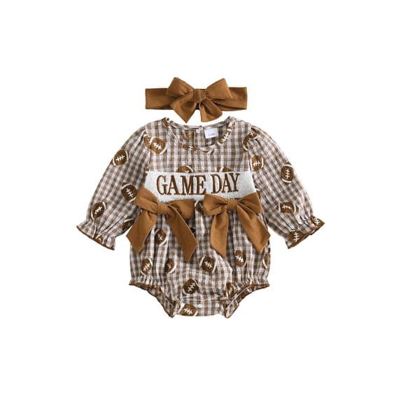 Cjfdfy Newborn Baby Girl Fall Plaid Romper Fashion Football Print Bowknot Long Sleeve Bubble Jumpsuit With Headband Brown Football Game Day Letter Fall Winter Clothes