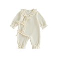 thumbnail image 1 of Cjfdfy Newborn Baby Girl Fall Romper Outfit Ribbed Knit Solid Color V-neck Long Sleeve Bodysuits With Ruffle Trim Bows Side Snaps Infant Cute Coming Home Clothes 0-6M, 1 of 9