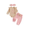 thumbnail image 1 of Cjfdfy Newborn Baby Girl Fall Winter Outfits New To The Crew Letter Embroidery Ruffle Long Sleeve Ribbed Romper Bow Pants Headband Infant Cute Bow Fall Winter Outfits, 1 of 9