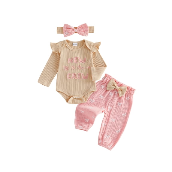 Cjfdfy Newborn Baby Girl Fall Winter Outfits New To The Crew Letter Embroidery Ruffle Long Sleeve Ribbed Romper Bow Pants Headband Infant Cute Bow Fall Winter Outfits