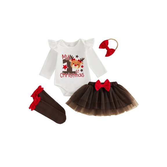 Cjfdfy Newborn Baby Girl First Christmas Outfit My First Christmas Print Romper Tulle Skirt Headband Socks Infant Cute Christmas Fall Winter Holiday Outfit 0-18 Months