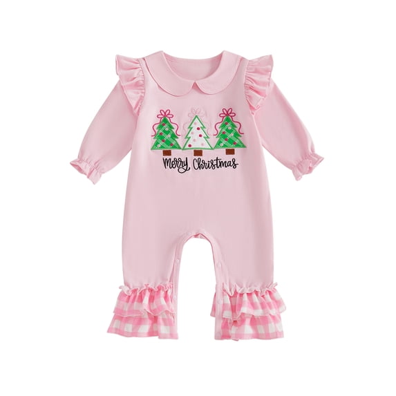 Cjfdfy Newborn Baby Girl My First Christmas Outfit Infant Baby Girls Fall Winter Clothes One Piece Romper Long Sleeve Doll Collar Christmas Tree Embroidery Ruffled Jumpsuit Playsuit