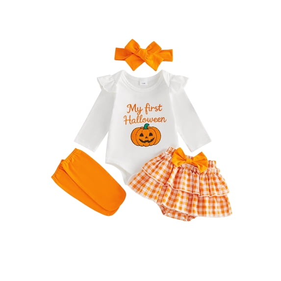 Cjfdfy Newborn Baby Girl My First Halloween Outfit Pumpkin Letter Embroidered Long Sleeve Romper Plaid Skirt Bow Headband And Stockings Cute Mama's Little Pumpkin Letter Romper