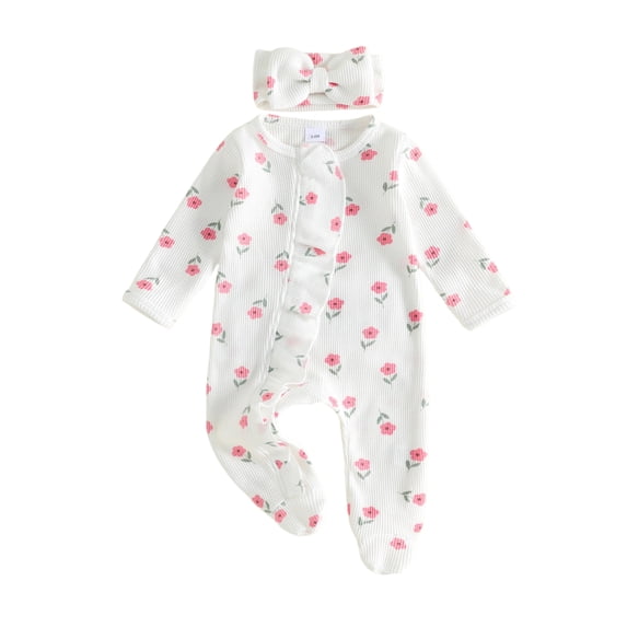 Cjfdfy Newborn Baby Girl Floral Footed Outfit Romper Zip Front Long Sleeve Ribbed Ruffle Trim Jumpsuit Bow Headband Infant Cute Coming Home Fall Winter Outfit