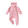 thumbnail image 1 of Cjfdfy Newborn Baby Girl Floral Footed Outfit Romper Zip Front Long Sleeve Ribbed Ruffle Trim Jumpsuit Bow Headband Infant Cute Coming Home Fall Winter Outfit, 1 of 9
