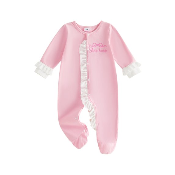Cjfdfy Newborn Baby Girl Footed Fall Clothes She's Here Embroidery Footed Romper Long Sleeve Fall Bow Ruffle Jumpsuit Infant Cute Coming Home Fall Winter Outfit