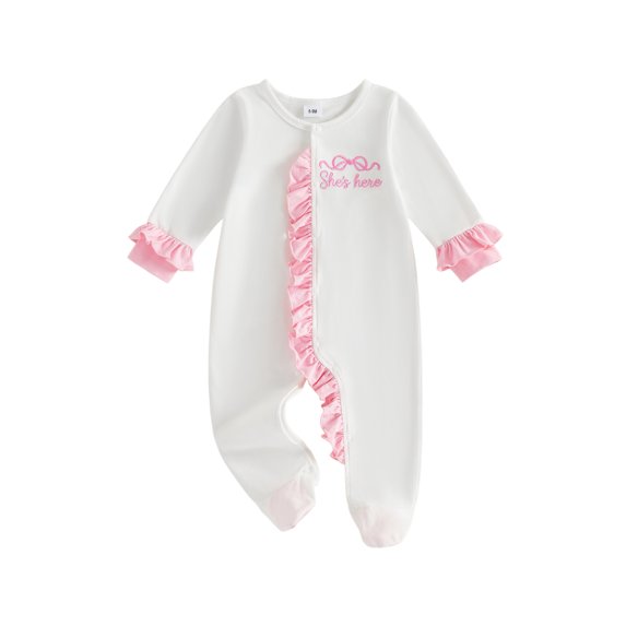 Cjfdfy Newborn Baby Girl Footed Fall Clothes She's Here Embroidery Footed Romper Long Sleeve Fall Bow Ruffle Jumpsuit Infant Cute Coming Home Fall Winter Outfit