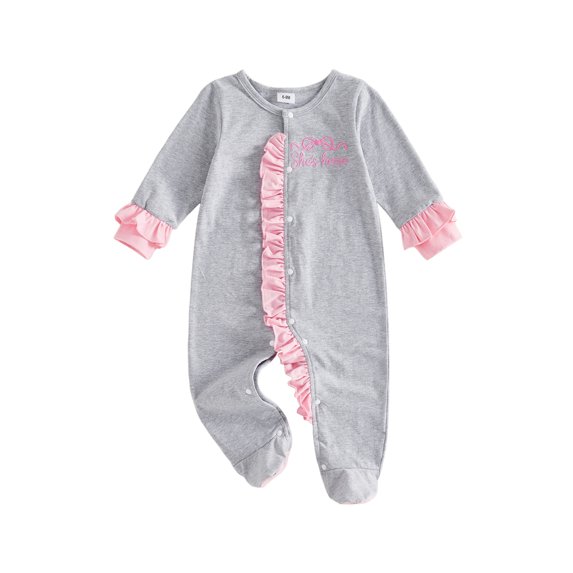 Cjfdfy Newborn Baby Girl Footed Fall Clothes She's Here Embroidery Footed Romper Long Sleeve Fall Bow Ruffle Jumpsuit Infant Cute Coming Home Fall Winter Outfit