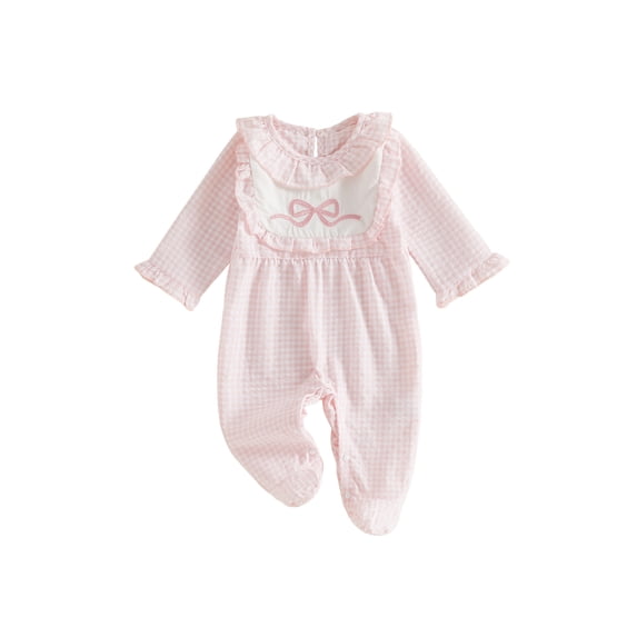 Cjfdfy Newborn Baby Girl Footed Fall Clothes Romper Adorable Bow Embroidery Ruffle Long Sleeve Plaid Jumpsuit Infant Cute Going Coming Home Fall Winter Outfit