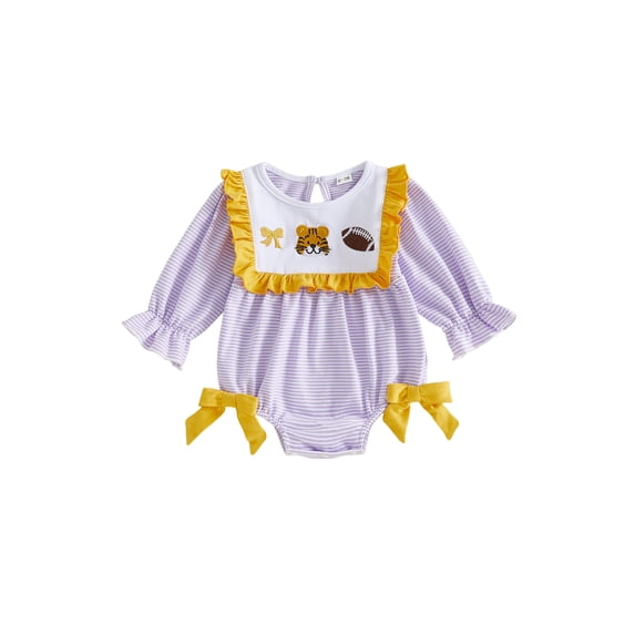 Cjfdfy Newborn Baby Girl Game Day Fall Outfit Animal Football Season Stripe Long Sleeve Ruffled Bow Collar Romper Infant Cute My First Football Season Fall Winter Clothes 0-18M