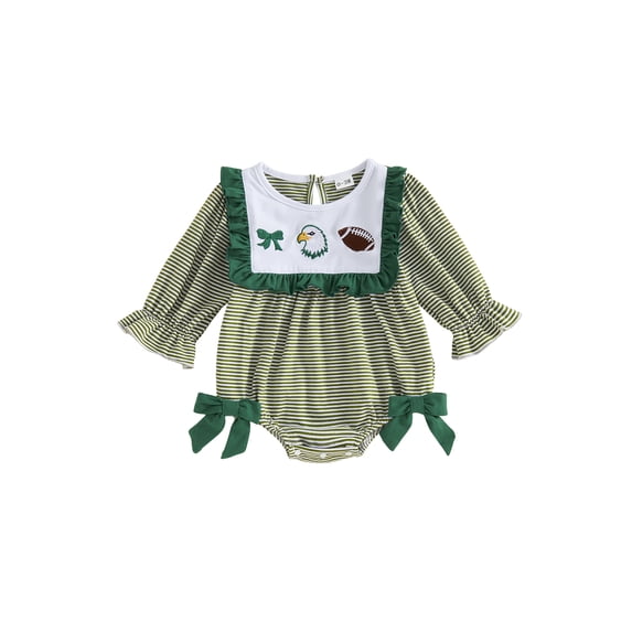 Cjfdfy Newborn Baby Girl Game Day Fall Outfit Animal Football Season Stripe Long Sleeve Ruffled Bow Collar Romper Infant Cute My First Football Season Fall Winter Clothes 0-18M