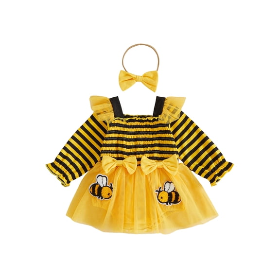 Cjfdfy Newborn Baby Girl Halloween Bee Fall Outfit Striped Long Sleeve Smocked Tulle Romper Dress With Headband Set Infant Cute My First Halloween Fall Winter Outfit 0-18M 