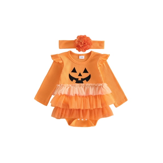 Cjfdfy Newborn Baby Girl Halloween Fall Dress Outfits Pumpkin Ghost Embroidery Long Sleeve Knit Romper With Headband My First Halloween Baby Girl Outfit Fall Winter Clothes