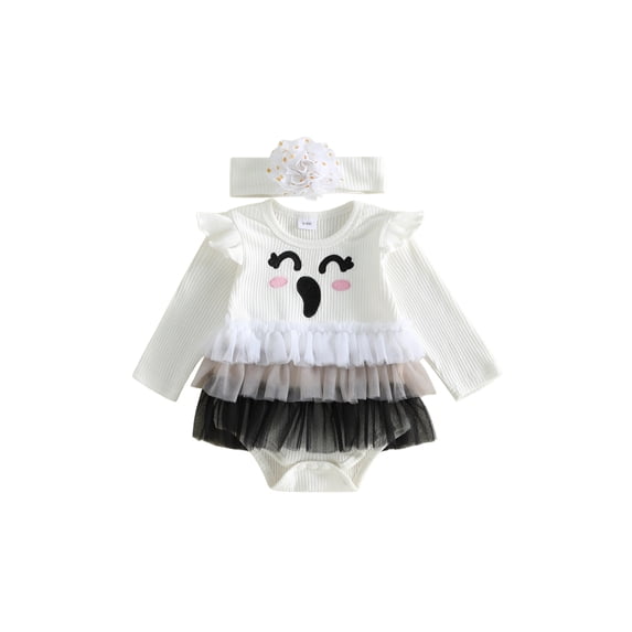 Cjfdfy Newborn Baby Girl Halloween Fall Dress Outfits Pumpkin Ghost Embroidery Long Sleeve Knit Romper With Headband My First Halloween Baby Girl Outfit Fall Winter Clothes