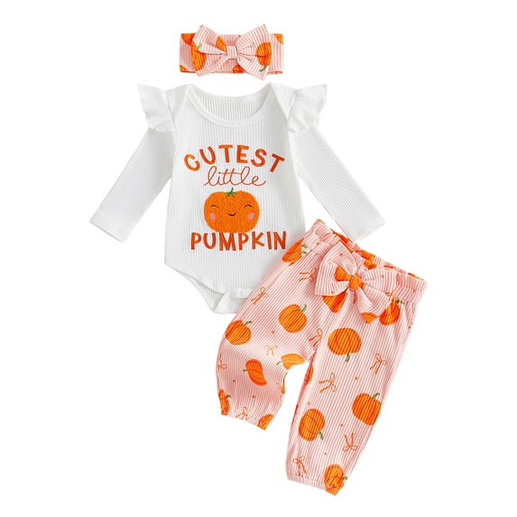 Cjfdfy Newborn Baby Girl Halloween Outfit Cutest Little Pumpkin Long Sleeve Embroidery Romper With Ribbed Knitted Pumpkin Pants Headband Infant Cute Pumpkin Halloween Fall Winter Outfit
