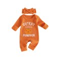 thumbnail image 1 of Cjfdfy Newborn Baby Girl Halloween Outfit Cutest Little Pumpkin Long Sleeve Waffle Knit Romper And Bow Bow Headband Infant Cute My First Halloween Fall Winter Outfit, 1 of 8
