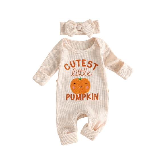 Cjfdfy Newborn Baby Girl Halloween Outfit Cutest Little Pumpkin Long Sleeve Waffle Knit Romper And Bow Bow Headband Infant Cute My First Halloween Fall Winter Outfit