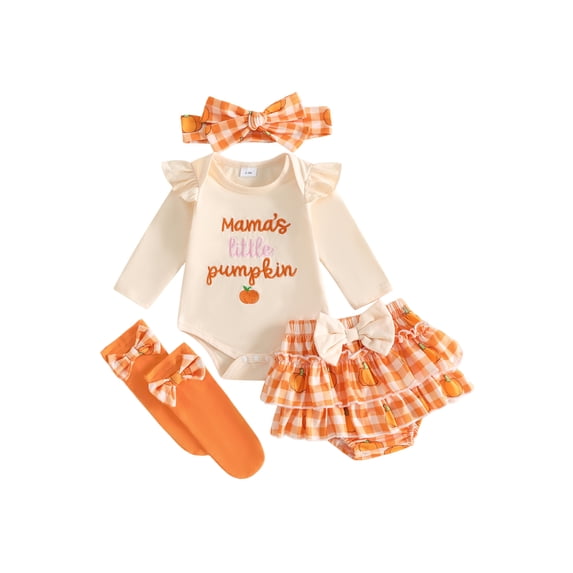 Cjfdfy Newborn Baby Girl Halloween Outfit Cutest Pumpkin Long Sleeve Romper Plaid Tutu Skort Headband Stockings 4Pcs Set Infant Cute My First Halloween Fall Winter Clothes 0-18M