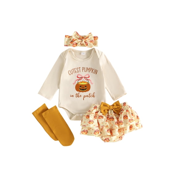 Cjfdfy Newborn Baby Girl Halloween Outfit Cutest Pumpkin In The Patch Long Sleeve Romper Skort Headband Stockings Infant Cute My First Halloween Outfit 0-18 Months