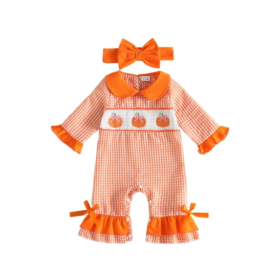 Cjfdfy Newborn Baby Girl Halloween Outfit Halloween Pumpkin Ghost Embroideried Long Sleeve Doll Collar Plaid Ruffles Jumpsuit Bow Headband Cute My First Halloween Fall Winter Outfit