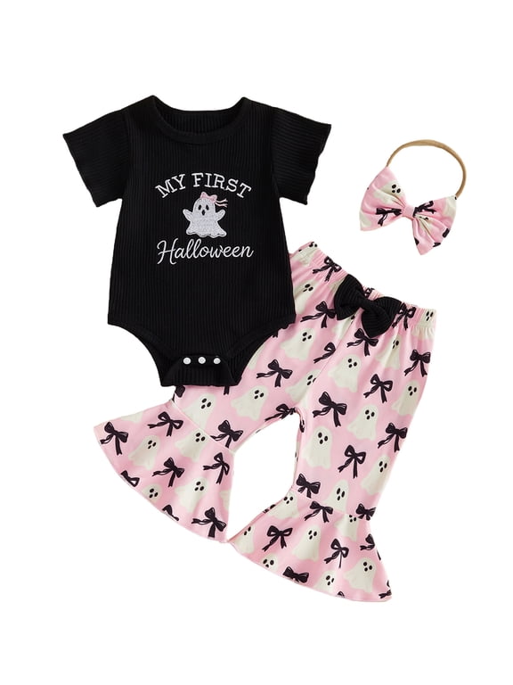 Newborn Baby Girl Halloween Outfits Ghost Little Pumpkin Print Short Sleeve Romper Flare Pants Bow Headband 3-piece Set Infant Cute My First Halloween Clothes 0-18M