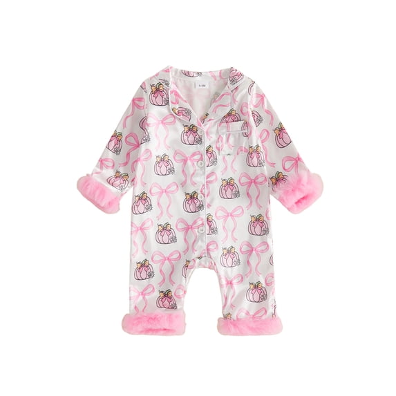 Cjfdfy Newborn Baby Girl Halloween Satin Pajamas Romper Pumpkin Bow Printed Long Sleeve Furry Trim Jumpsuit Cute Halloween Holiday Fall Winter Sleepwear 0-24 Months