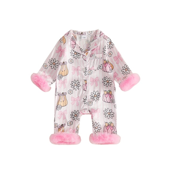 Cjfdfy Newborn Baby Girl Halloween Satin Pajamas Romper Pumpkin Bow Printed Long Sleeve Furry Trim Jumpsuit Cute Halloween Holiday Fall Winter Sleepwear 0-24 Months