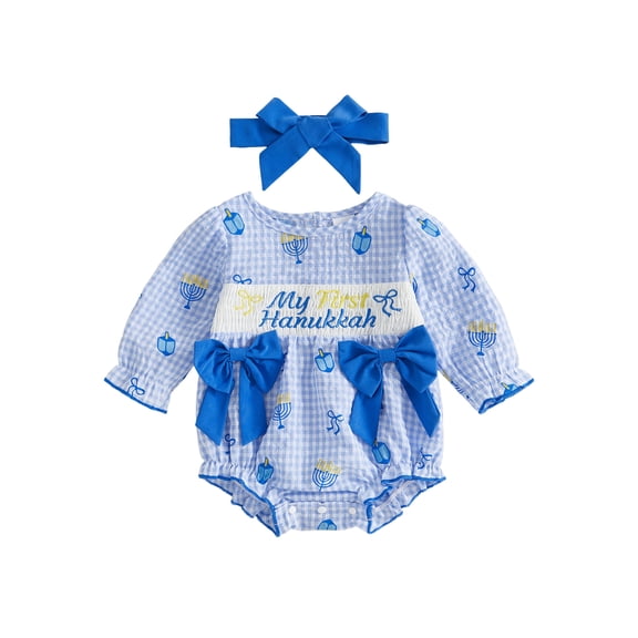 Cjfdfy Newborn Baby Girl Hanukkah Fall Outfits Blue Gingham Long Sleeve Smocked Bubble Romper With Headband Infant Cute My First Hanukkah Outfit 0-18M