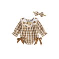 thumbnail image 1 of Cjfdfy  Newborn Baby Girl Holiday Fall Outfit Holiday Thanksgiving Turkey Merry Christmas Embroidery Long Sleeve Doll Collar Plaid Romper And Bow Headband Set, 1 of 9