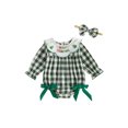 thumbnail image 1 of Cjfdfy  Newborn Baby Girl Holiday Fall Outfit Holiday Thanksgiving Turkey Merry Christmas Embroidery Long Sleeve Doll Collar Plaid Romper And Bow Headband Set, 1 of 9