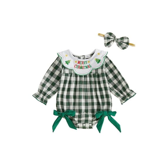 Cjfdfy Newborn Baby Girl Holiday Fall Outfit Holiday Thanksgiving Turkey Merry Christmas Embroidery Long Sleeve Doll Collar Plaid Romper And Bow Headband Set