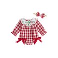 thumbnail image 1 of Cjfdfy  Newborn Baby Girl Holiday Fall Outfit Holiday Thanksgiving Turkey Merry Christmas Embroidery Long Sleeve Doll Collar Plaid Romper And Bow Headband Set, 1 of 9