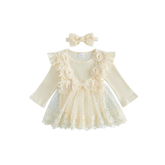 Cjfdfy Newborn Baby Girl Lace Patchwork Romper Dress Long Sleeve Crew Neck Ribbed Flower Decor Playsuit With Headband Cute Lace Flowers Infant Fall Winter Festival Clothes 0-18M