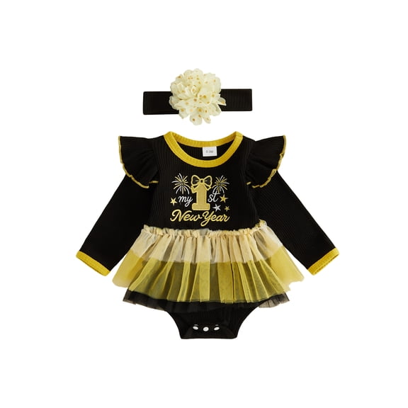 Cjfdfy Newborn Baby Girl New Year Outfit My 1st New Year Embroidery Romper With Gold Tulle Skirt and Headband 2pcs Little Baby Cute My First New Year Outfit 0-18M