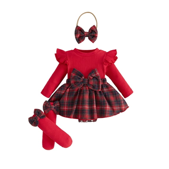 Cjfdfy Newborn Baby Girl Plaid Fall Outfits Ribbed Knit Long Sleeve Plaid Romper Dress And Headband Socks Infant Cute Coming Home Fall Winter Outfit 0-12 Months