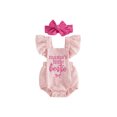 thumbnail image 1 of Cjfdfy Newborn Baby Girl Summer Clothes Baby Girls Mama's Little Bestie Daddy's Little Girl Outfit Ruffled Sleeveless Bow Embroidery Plaid Romper Headband Set, 1 of 9