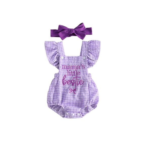 Cjfdfy Newborn Baby Girl Summer Clothes Baby Girls Mama's Little Bestie Daddy's Little Girl Outfit Ruffled Sleeveless Bow Embroidery Plaid Romper Headband Set