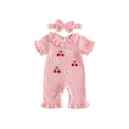 thumbnail image 1 of Cjfdfy Newborn Baby Girl Summer Fall Clothes Infant Baby Girl Outfits 0 3 6 12 18 Months Pink Waffled Knit Romper Cute Cherry Flower Embroidery Ruffled Collar Short Sleeve Jumpsuit and Headband Set, 1 of 9