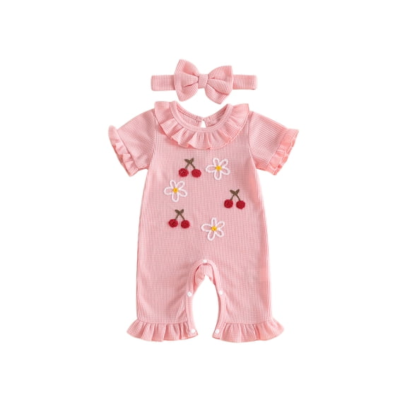 Cjfdfy Newborn Baby Girl Summer Fall Clothes Infant Baby Girl Outfits 0 3 6 12 18 Months Pink Waffled Knit Romper Cute Cherry Flower Embroidery Ruffled Collar Short Sleeve Jumpsuit and Headband Set