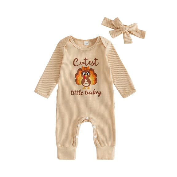 Cjfdfy Newborn Baby Girl Thanksgiving Fall Clothes Cutest Little Turkey Print Long Sleeve Ribbed Jumpsuit and Headband Infant Cute My First Thanksgiving Clothes 0-12M