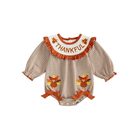 Cjfdfy Newborn Baby Girl Thanksgiving Fall Outfit Turkey Gobble Bows Striped Long Sleeve Bubble Romper Infant Cute My First Thanksgiving Fall Winter Clothes 0-18M